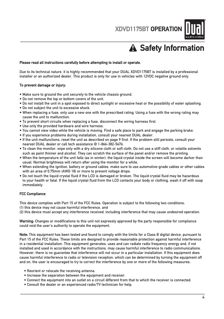 Safety information, Xdvd1175bt operation | Dual Electronics XDVD1175BT User Manual | Page 5 / 36