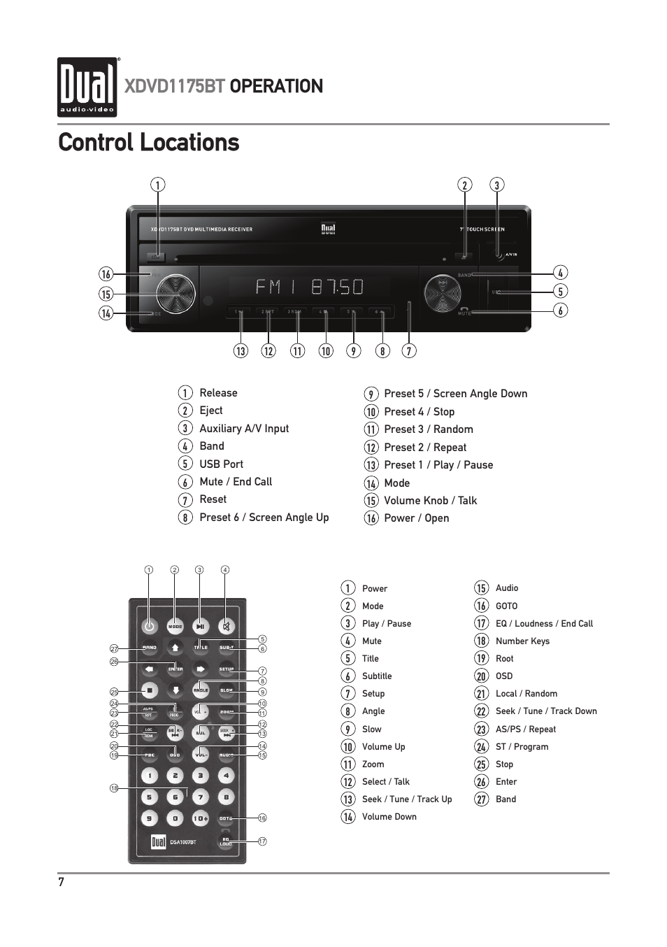 Control locations, Xdvd1175bt operation | Dual Electronics XDVD1175BT User Manual | Page 8 / 36