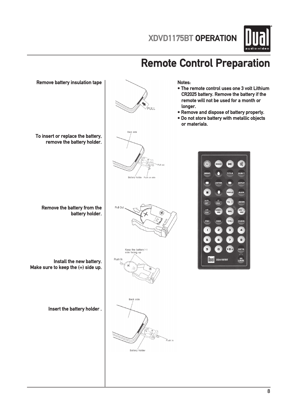 Remote control preparation, Xdvd1175bt operation | Dual Electronics XDVD1175BT User Manual | Page 9 / 36