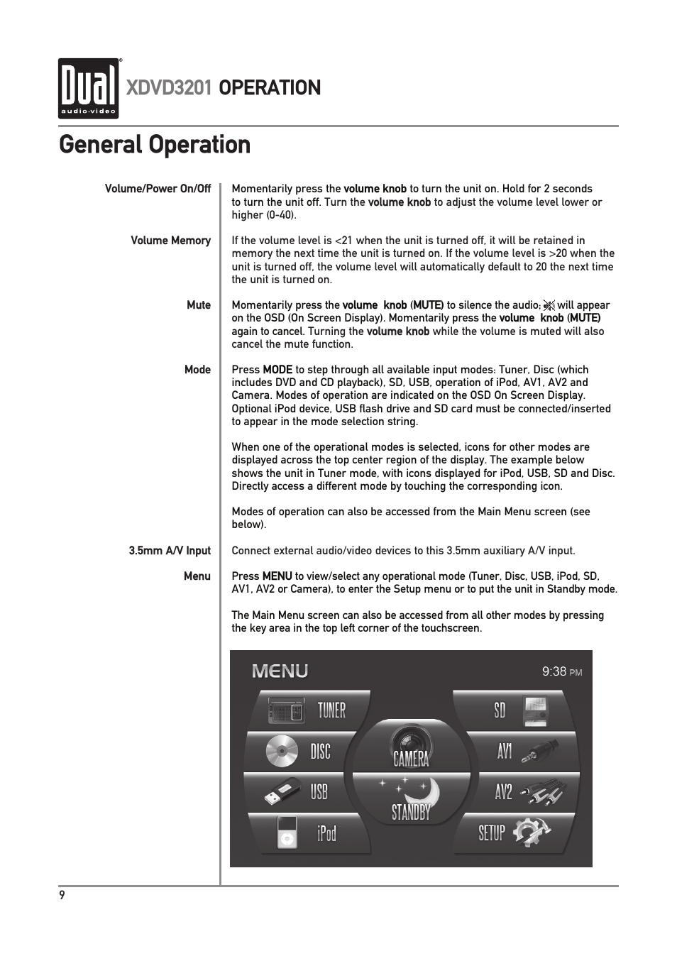 General operation, Xdvd3201 operation | Dual Electronics XDVD3201 User Manual | Page 10 / 40