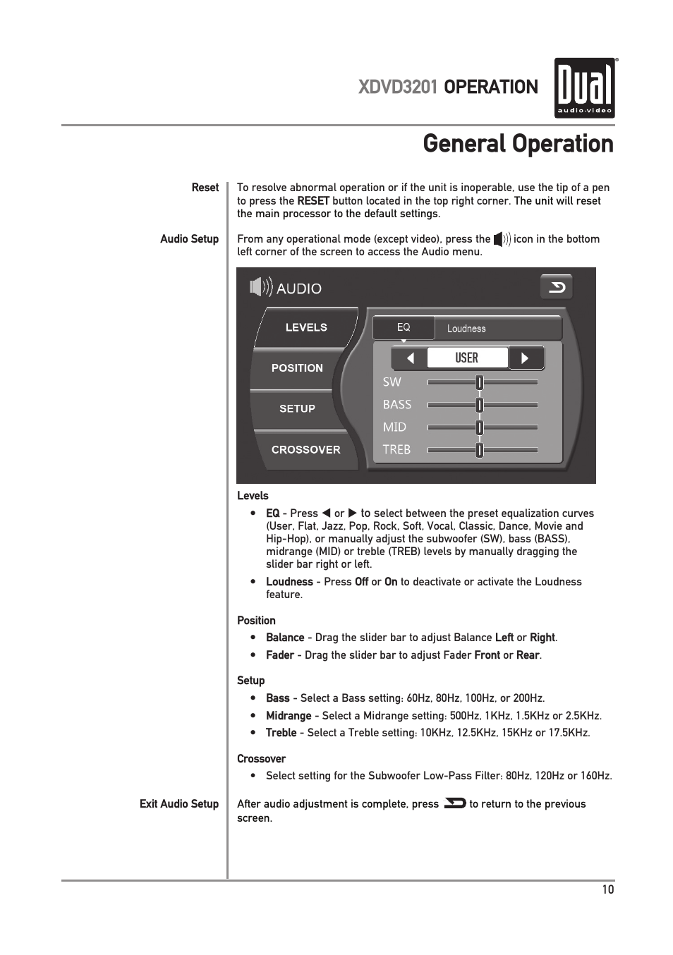 General operation, Xdvd3201 operation | Dual Electronics XDVD3201 User Manual | Page 11 / 40