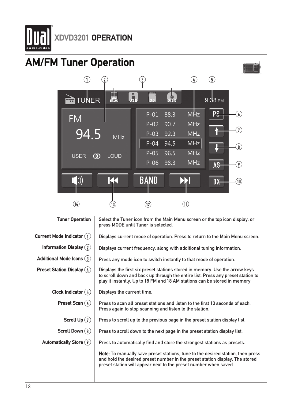 Am/fm tuner operation, Xdvd3201 operation | Dual Electronics XDVD3201 User Manual | Page 14 / 40