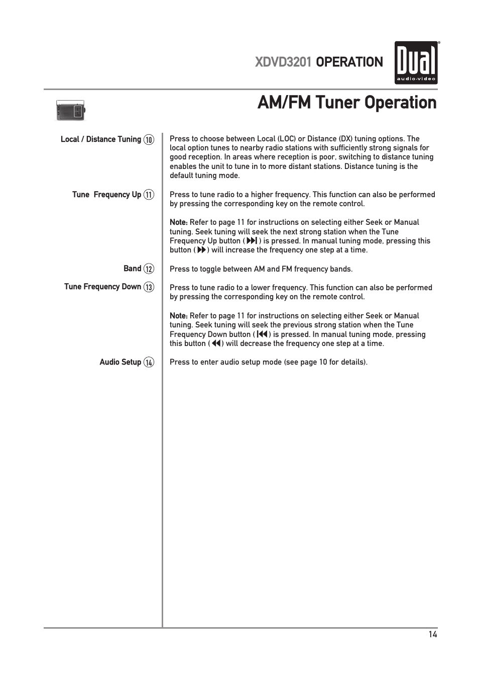 Am/fm tuner operation, Xdvd3201 operation | Dual Electronics XDVD3201 User Manual | Page 15 / 40