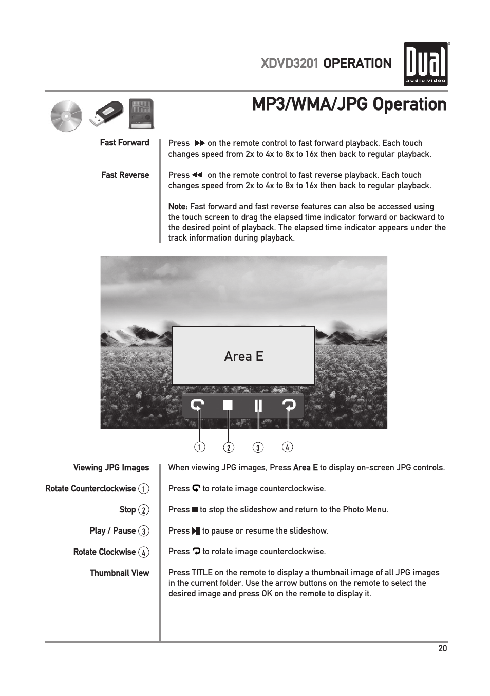 Mp3/wma/jpg operation, Area e, Xdvd3201 operation | Dual Electronics XDVD3201 User Manual | Page 21 / 40