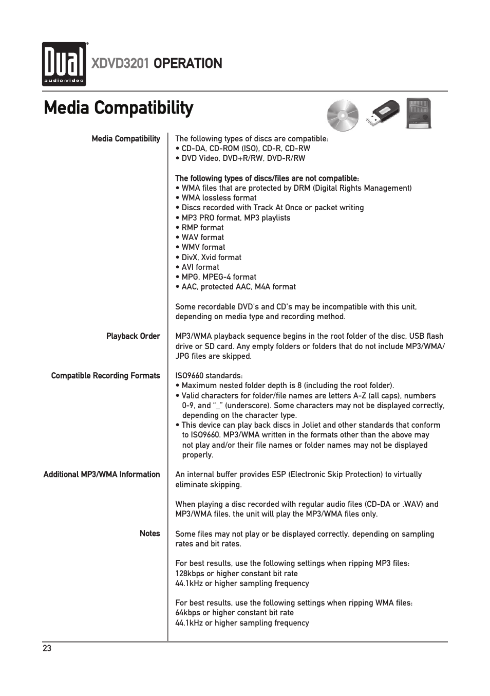 Media compatibility, Xdvd3201 operation | Dual Electronics XDVD3201 User Manual | Page 24 / 40