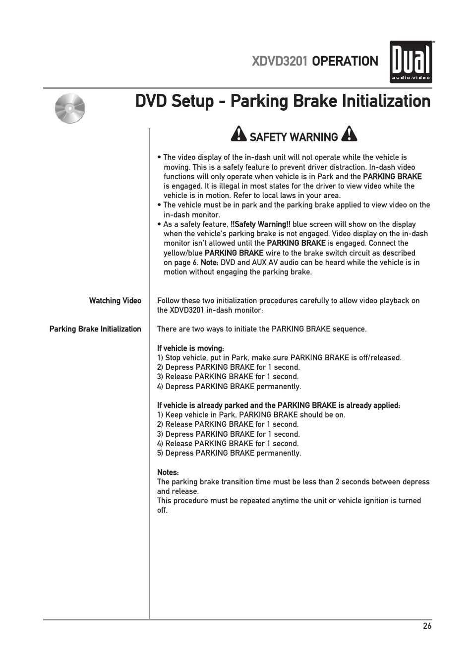 Dvd setup - parking brake initialization, Xdvd3201 operation, Safety warning | Dual Electronics XDVD3201 User Manual | Page 27 / 40