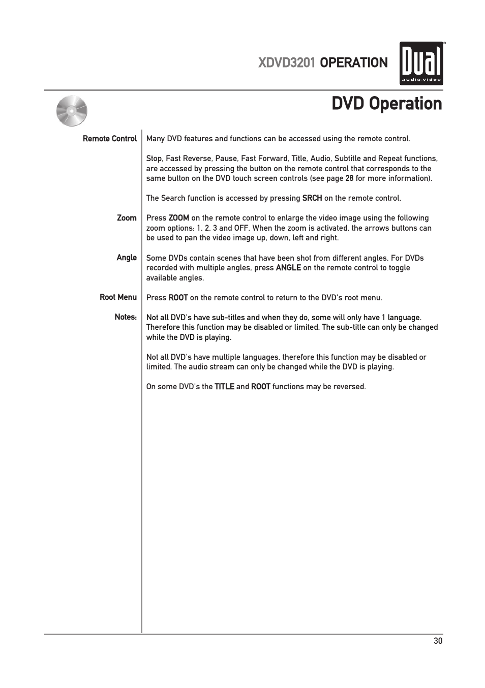 Dvd operation, Xdvd3201 operation | Dual Electronics XDVD3201 User Manual | Page 31 / 40
