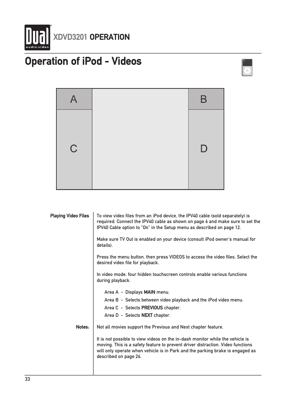 Operation of ipod - videos, Xdvd3201 operation | Dual Electronics XDVD3201 User Manual | Page 34 / 40