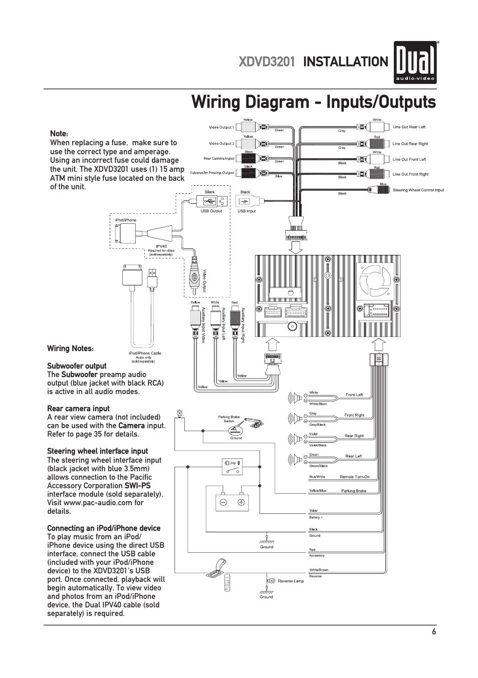 Wiring diagram - inputs/outputs, Xdvd3201 installation | Dual Electronics XDVD3201 User Manual | Page 7 / 40