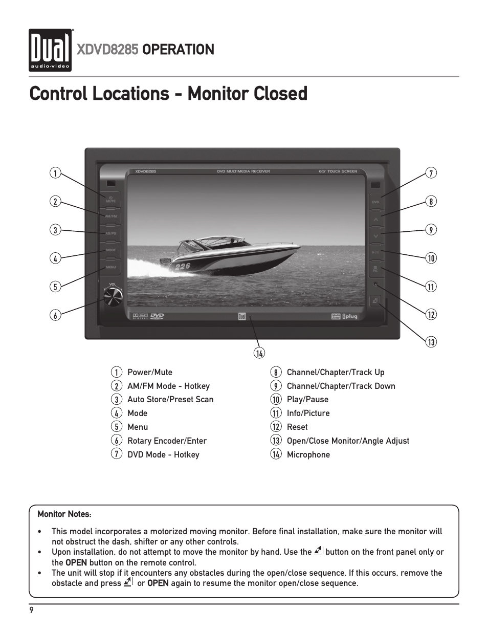 Control locations - monitor closed, Xdvd8285 operation | Dual Electronics XDVD8285 User Manual | Page 10 / 88