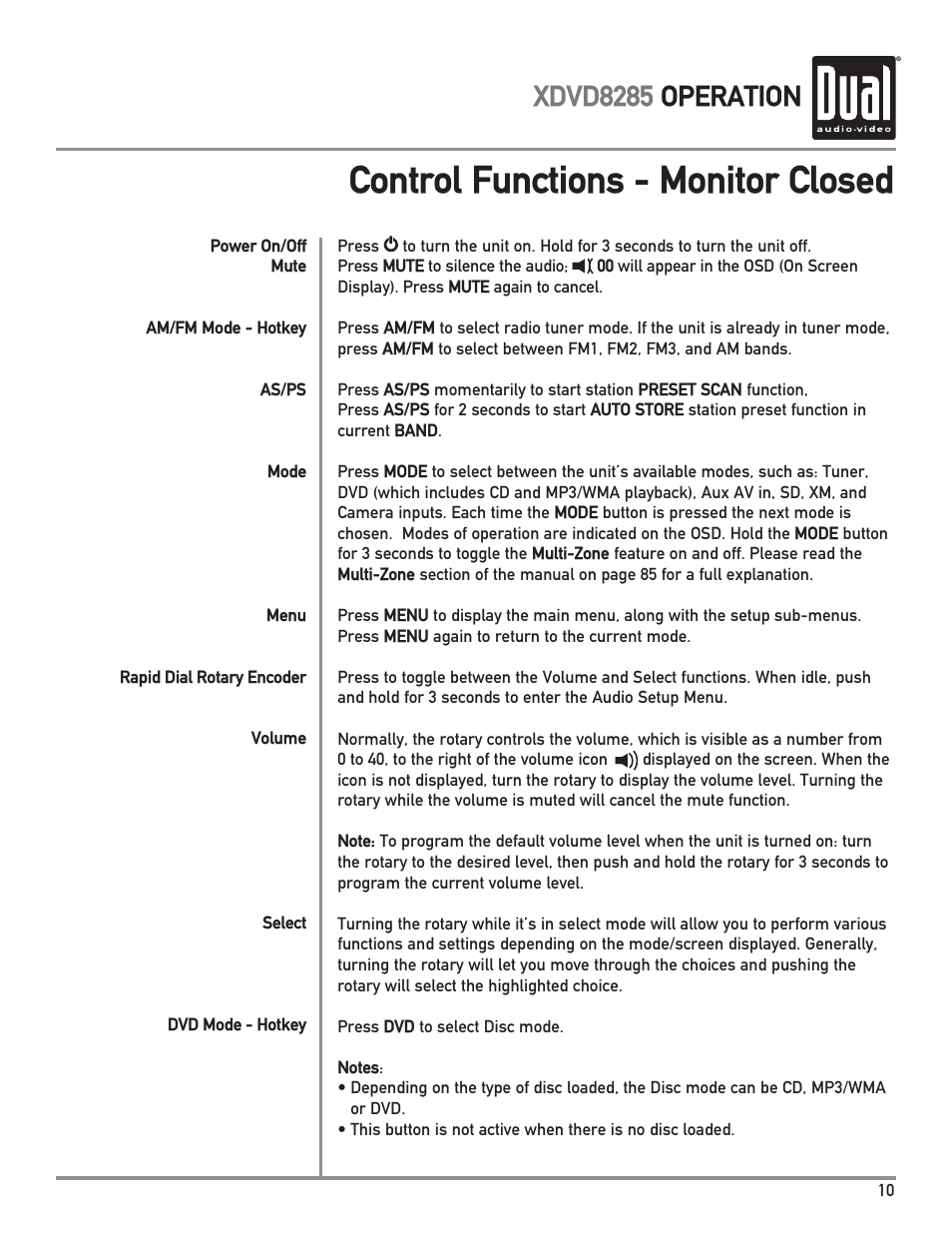 Control functions - monitor closed, Xdvd8285 operation | Dual Electronics XDVD8285 User Manual | Page 11 / 88