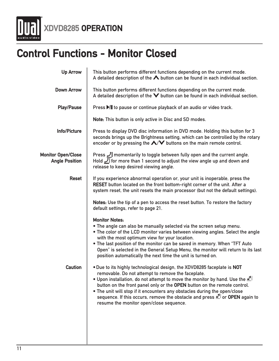 Control functions - monitor closed, Xdvd8285 operation | Dual Electronics XDVD8285 User Manual | Page 12 / 88