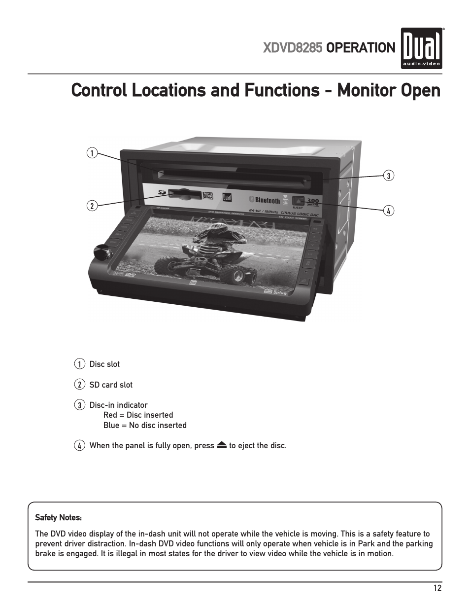 Control locations and functions - monitor open, Xdvd8285 operation | Dual Electronics XDVD8285 User Manual | Page 13 / 88