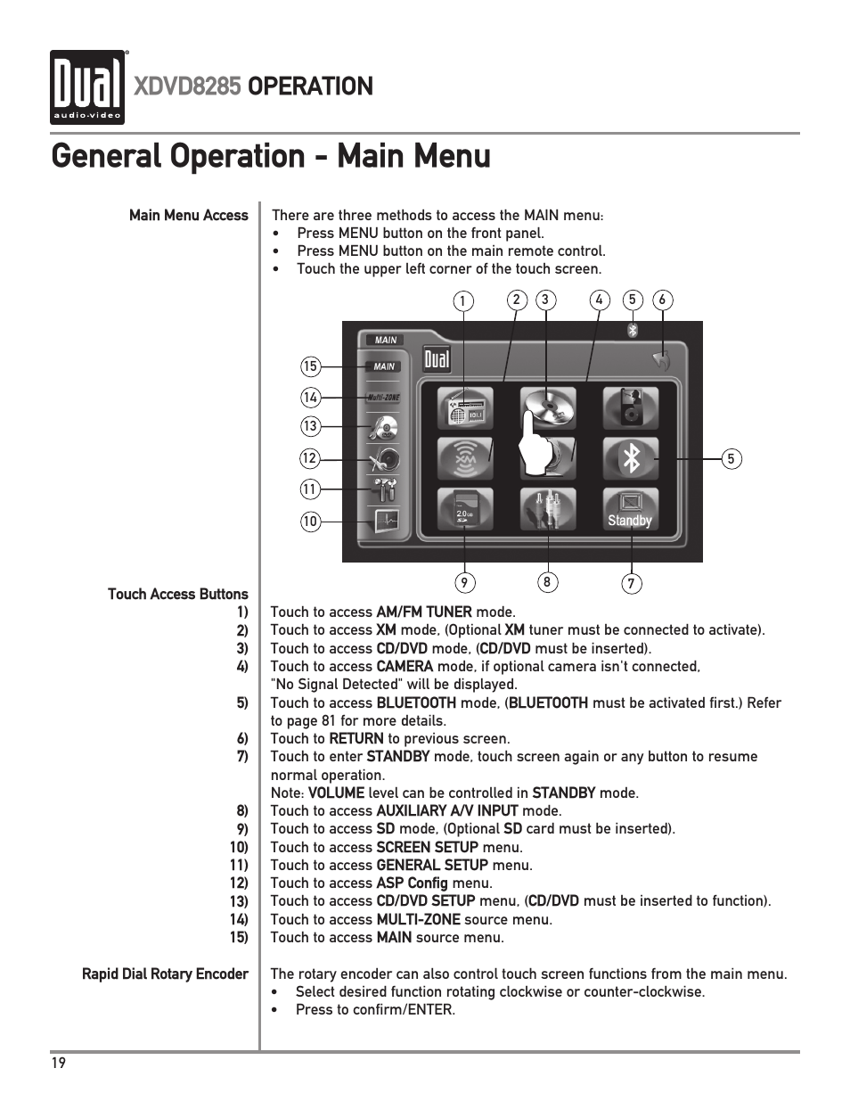 General operation - main menu, Xdvd8285 operation | Dual Electronics XDVD8285 User Manual | Page 20 / 88