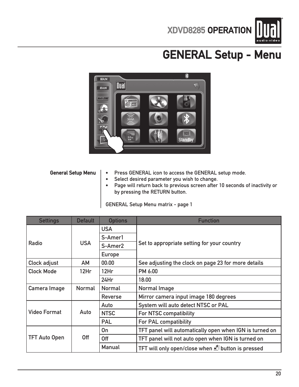 General setup - menu, Xdvd8285 operation | Dual Electronics XDVD8285 User Manual | Page 21 / 88