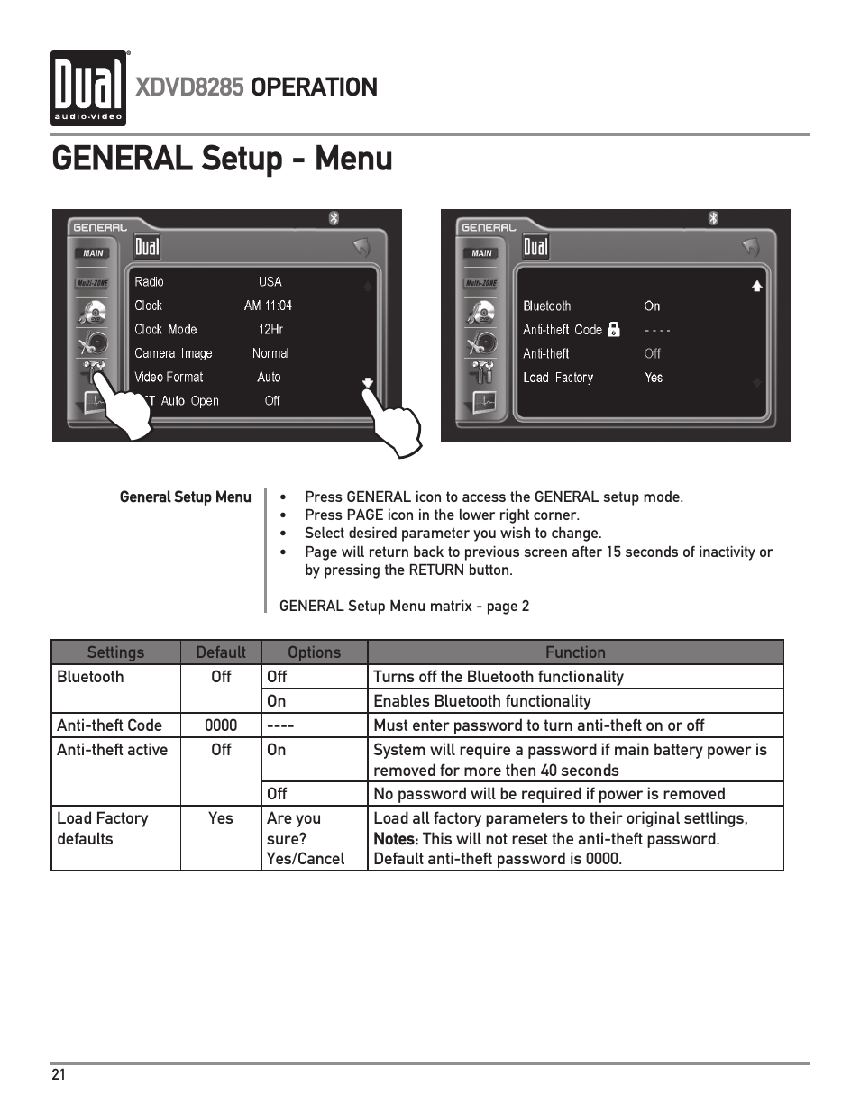 General setup - menu, Xdvd8285 operation | Dual Electronics XDVD8285 User Manual | Page 22 / 88