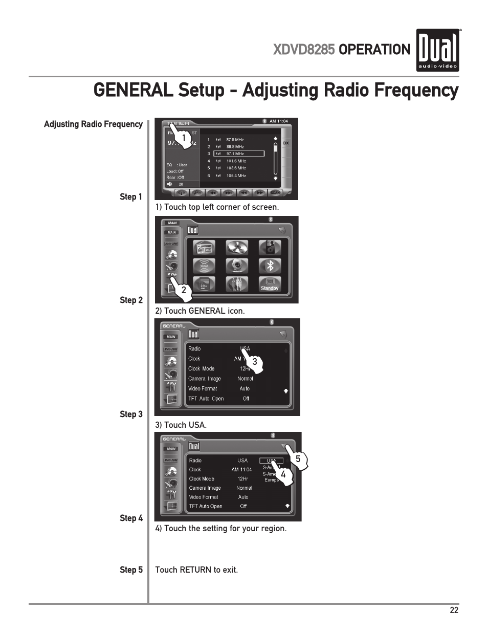 General setup - adjusting radio frequency | Dual Electronics XDVD8285 User Manual | Page 23 / 88