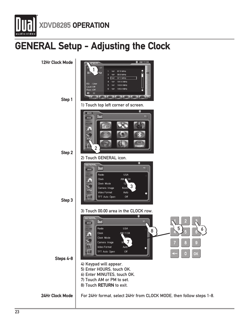General setup - adjusting the clock | Dual Electronics XDVD8285 User Manual | Page 24 / 88