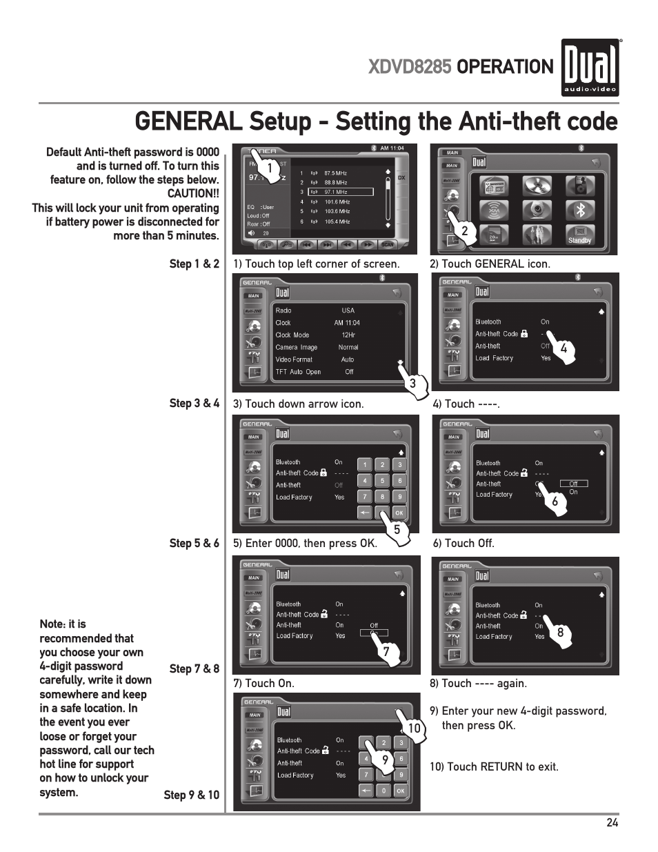 General setup - setting the anti-theft code | Dual Electronics XDVD8285 User Manual | Page 25 / 88