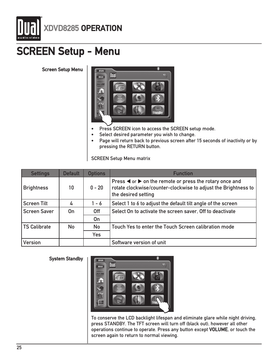 Screen setup - menu, Xdvd8285 operation | Dual Electronics XDVD8285 User Manual | Page 26 / 88