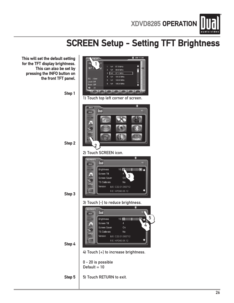 Screen setup - setting tft brightness | Dual Electronics XDVD8285 User Manual | Page 27 / 88