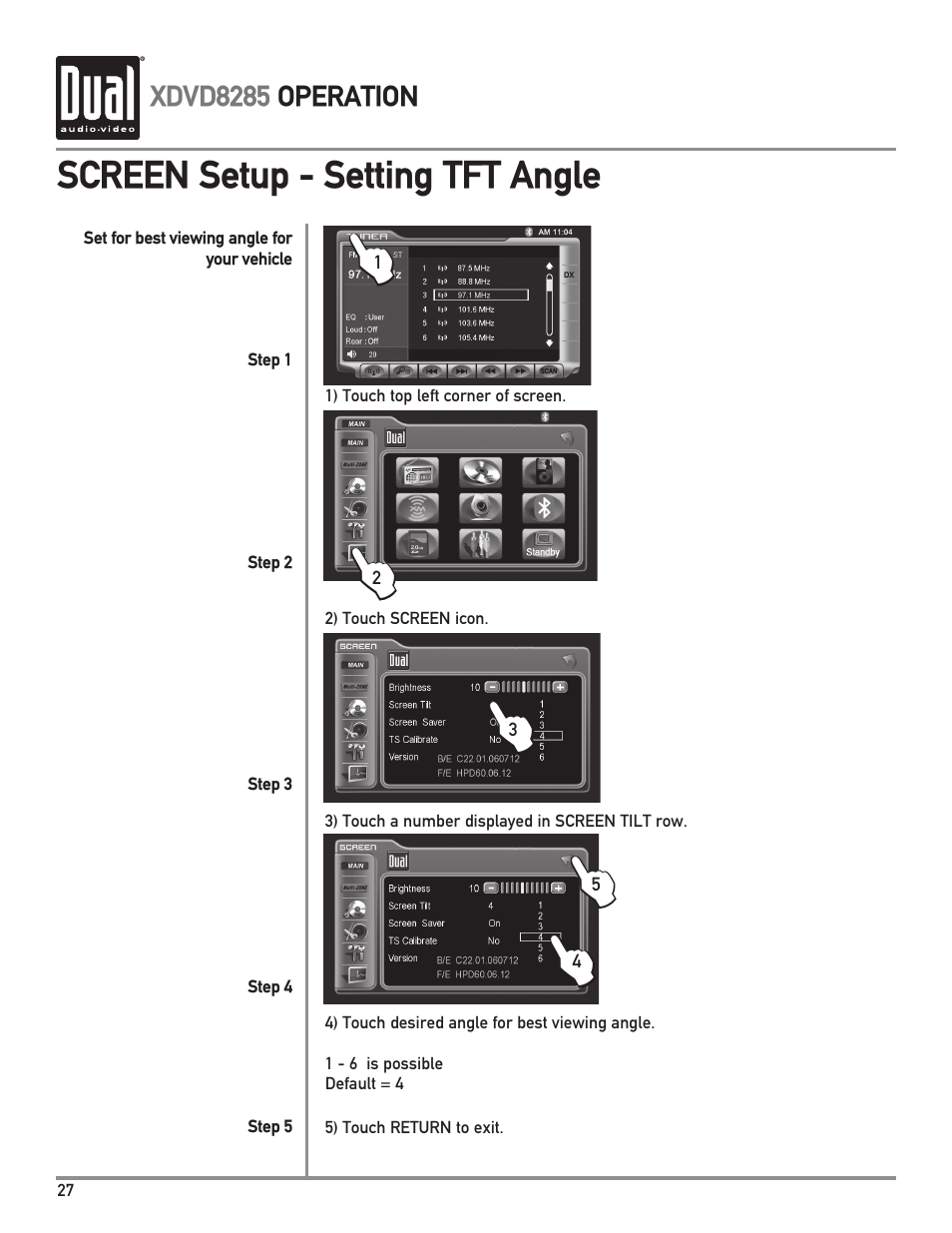 Screen setup - setting tft angle | Dual Electronics XDVD8285 User Manual | Page 28 / 88