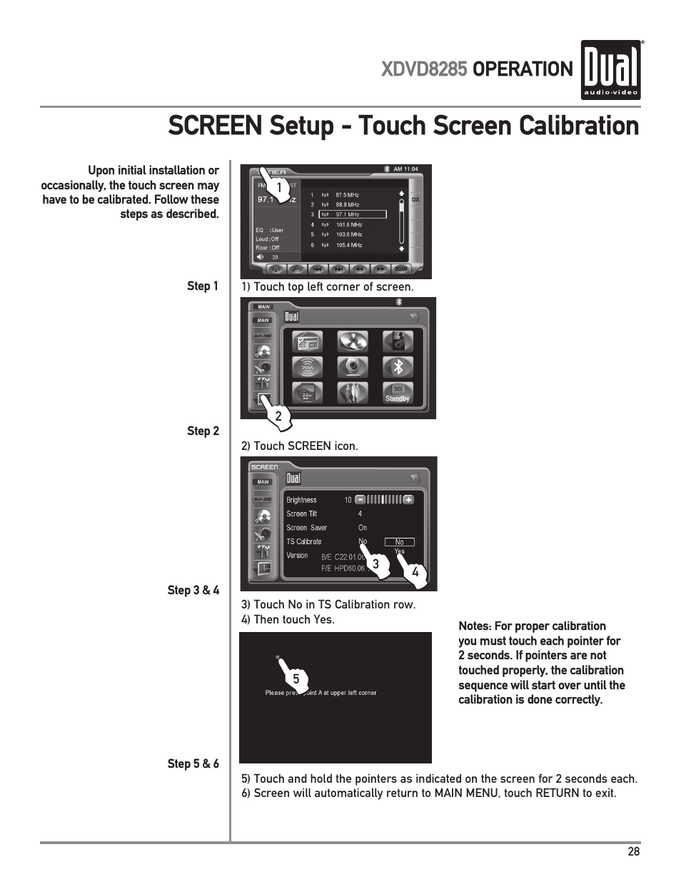 Screen setup - touch screen calibration | Dual Electronics XDVD8285 User Manual | Page 29 / 88