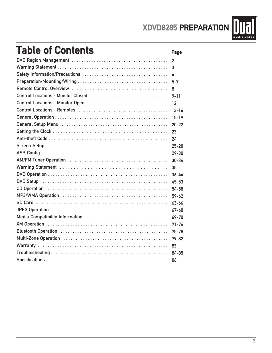 Dual Electronics XDVD8285 User Manual | Page 3 / 88