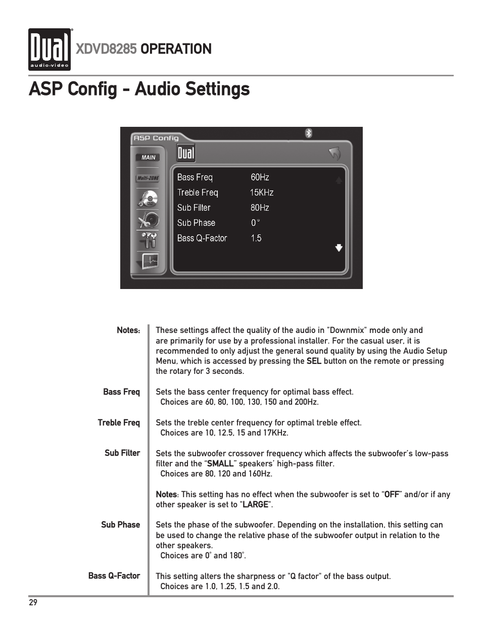Asp config - audio settings, Xdvd8285 operation | Dual Electronics XDVD8285 User Manual | Page 30 / 88