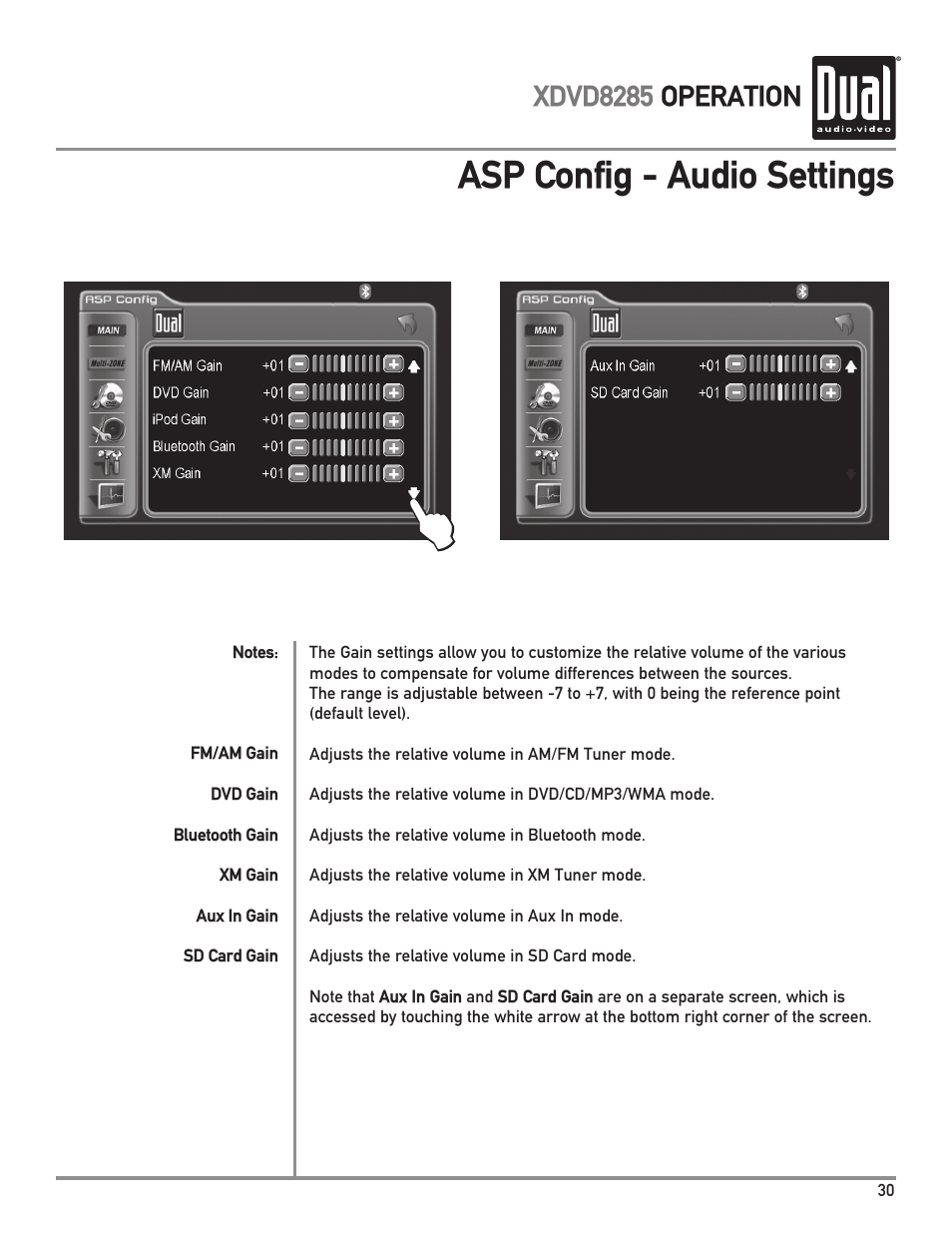 Asp config - audio settings, Xdvd8285 operation | Dual Electronics XDVD8285 User Manual | Page 31 / 88