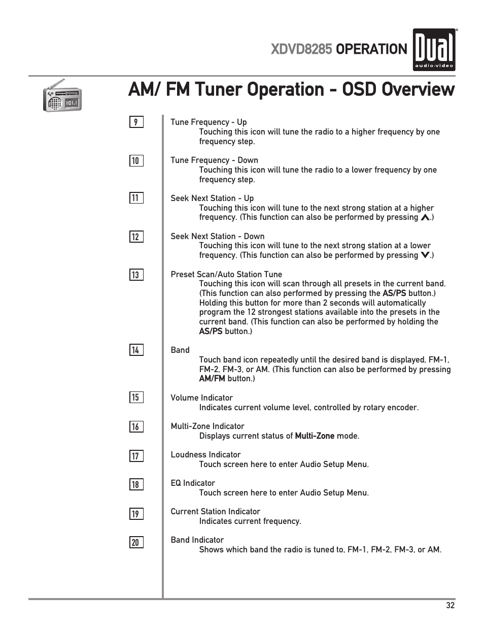 Am/ fm tuner operation - osd overview, Xdvd8285 operation | Dual Electronics XDVD8285 User Manual | Page 33 / 88