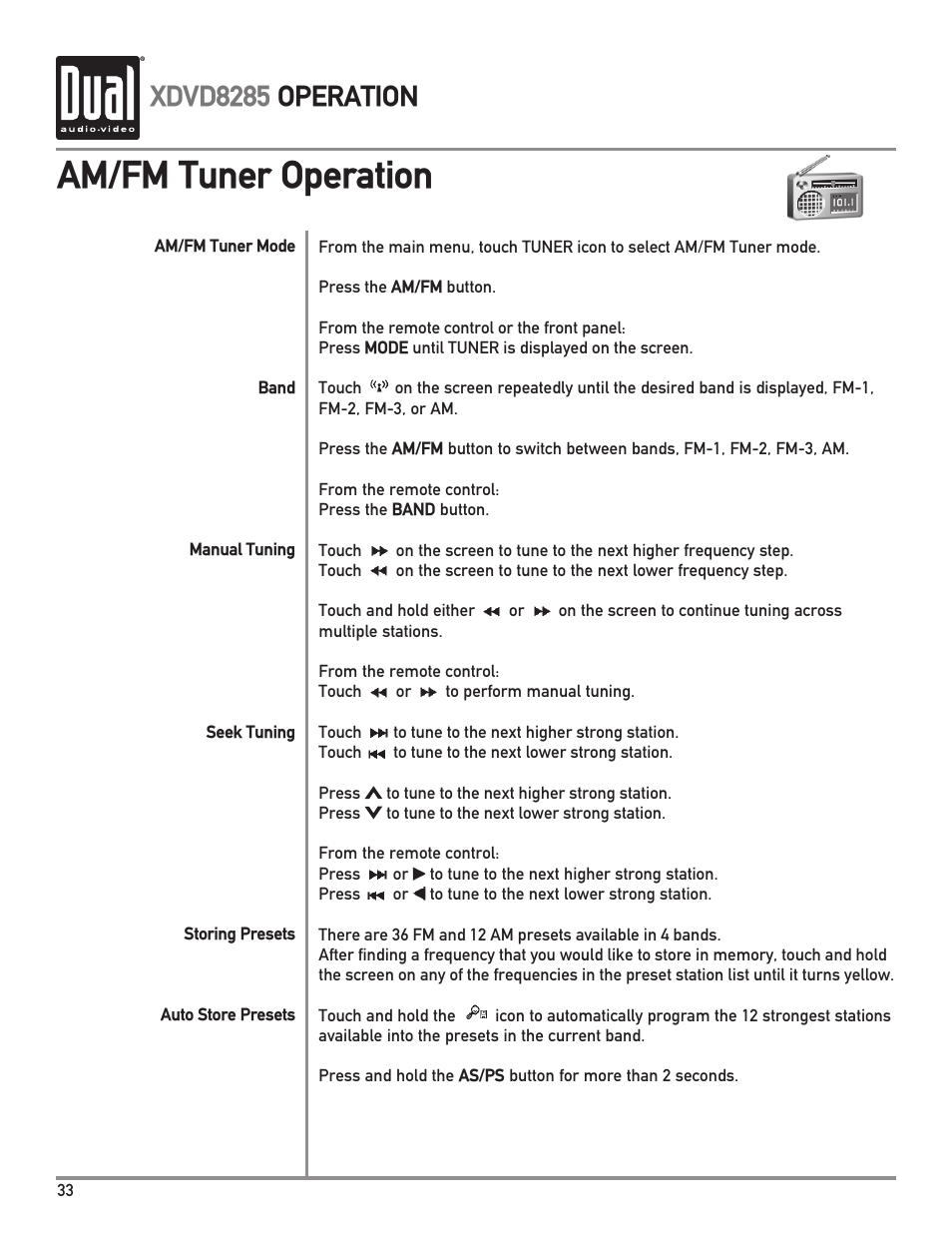 Am/fm tuner operation, Xdvd8285 operation | Dual Electronics XDVD8285 User Manual | Page 34 / 88