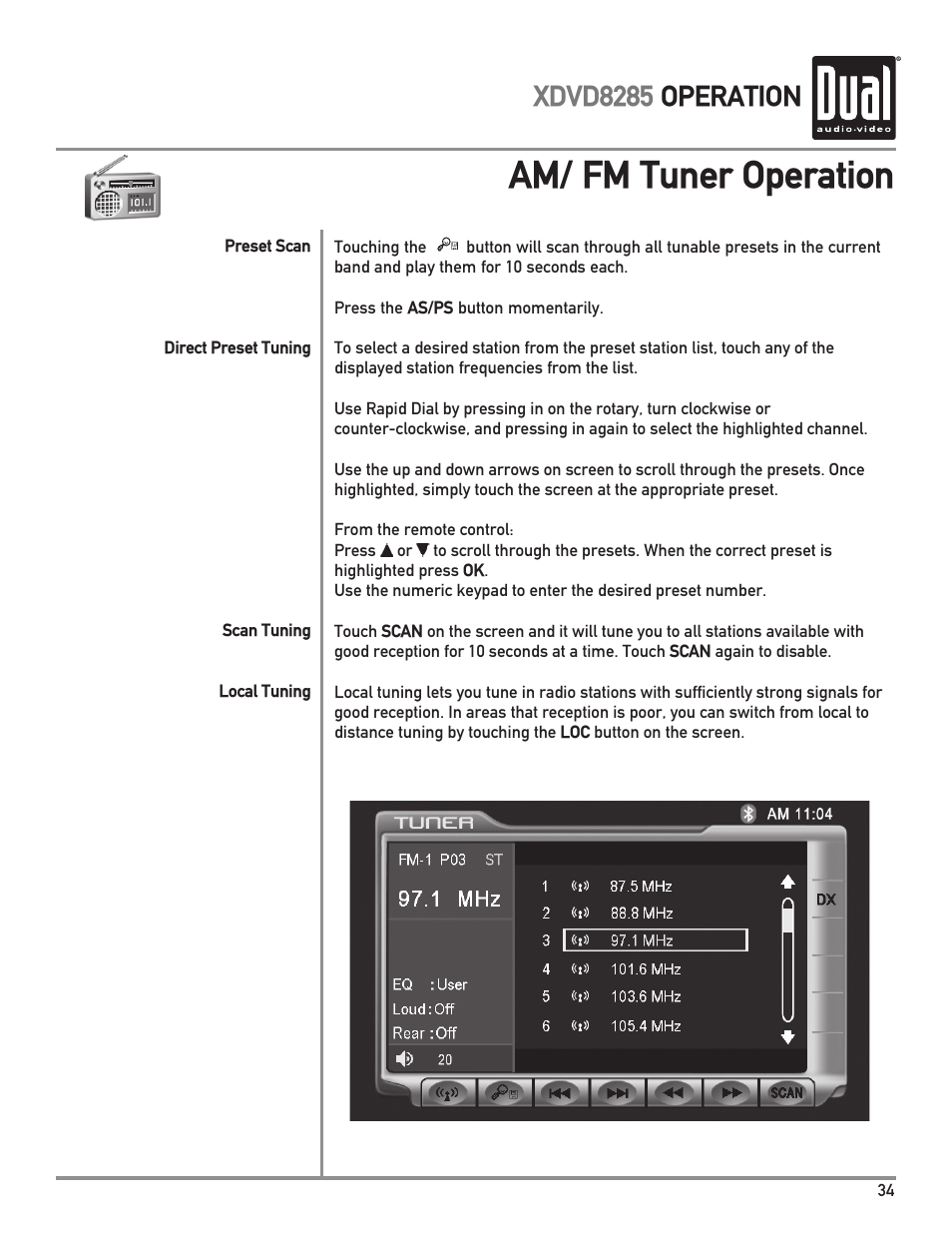 Am/ fm tuner operation, Xdvd8285 operation | Dual Electronics XDVD8285 User Manual | Page 35 / 88