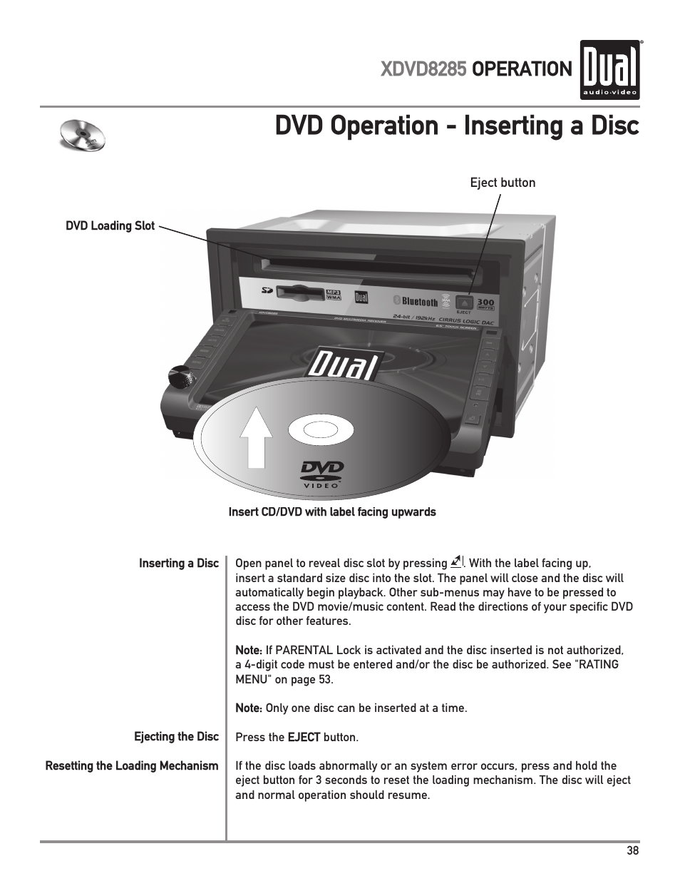 Dvd operation - inserting a disc, Xdvd8285 operation | Dual Electronics XDVD8285 User Manual | Page 39 / 88