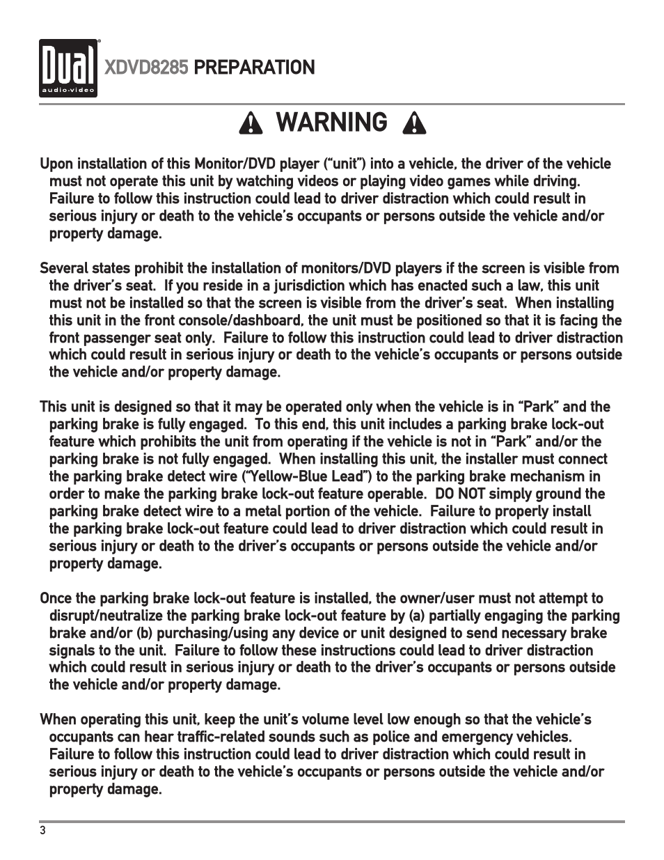 Warning, Xdvd8285 preparation | Dual Electronics XDVD8285 User Manual | Page 4 / 88