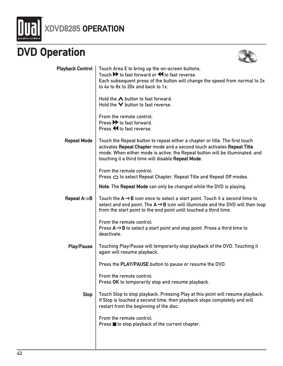 Dvd operation, Xdvd8285 operation | Dual Electronics XDVD8285 User Manual | Page 44 / 88