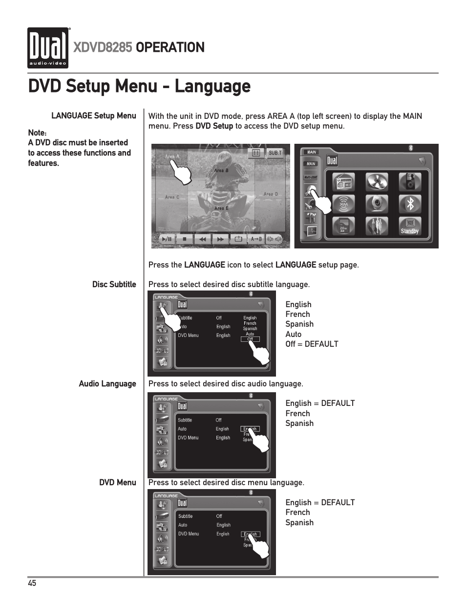 Dvd setup menu - language, Xdvd8285 operation | Dual Electronics XDVD8285 User Manual | Page 46 / 88