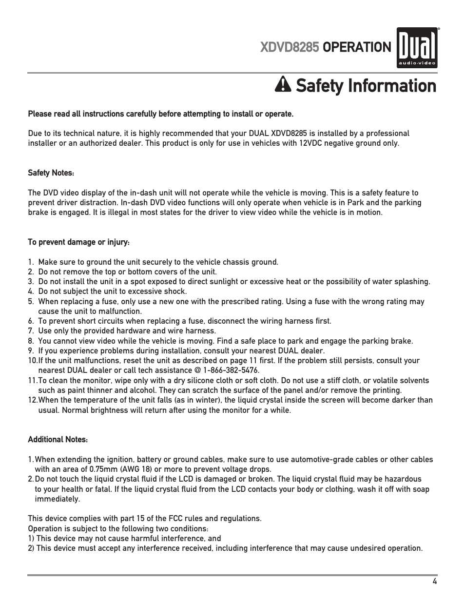 Safety information, Xdvd8285 operation | Dual Electronics XDVD8285 User Manual | Page 5 / 88