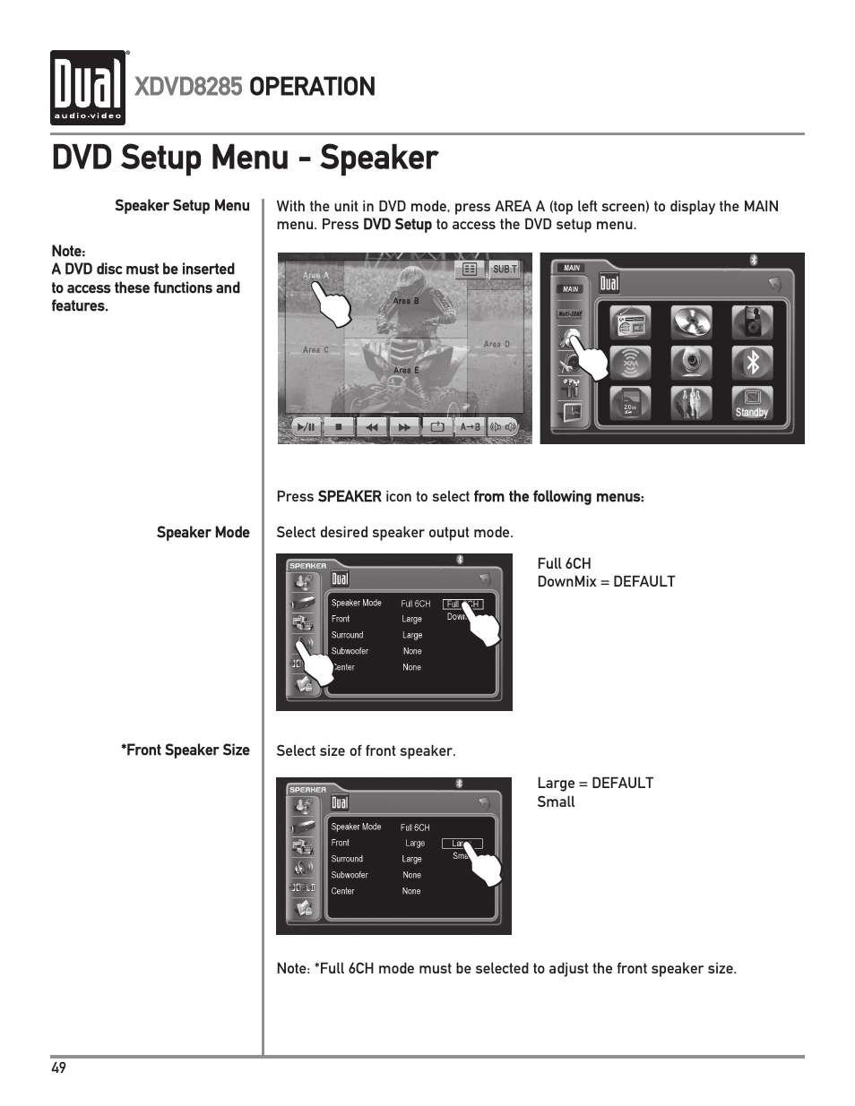 Dvd setup menu - speaker | Dual Electronics XDVD8285 User Manual | Page 50 / 88