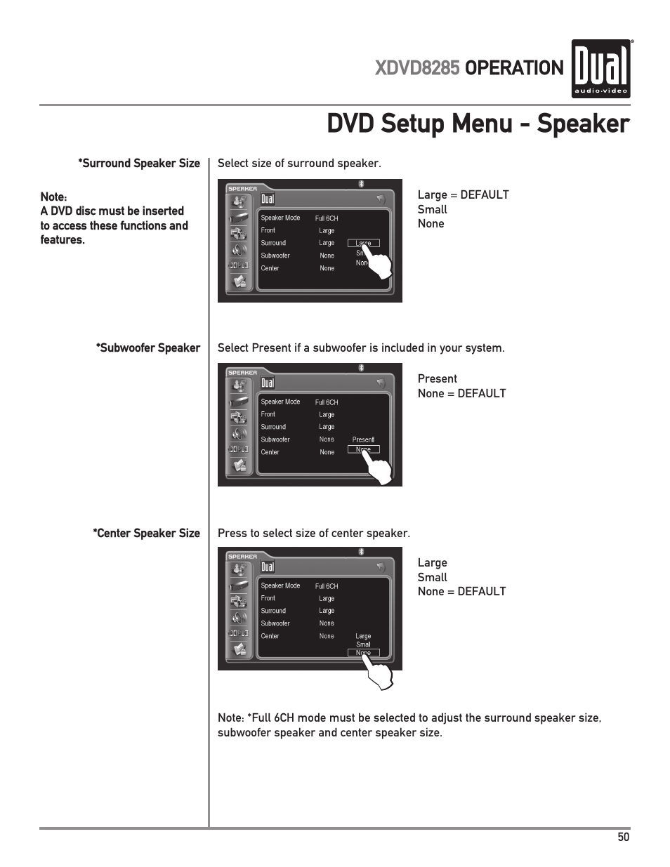 Dvd setup menu - speaker | Dual Electronics XDVD8285 User Manual | Page 51 / 88