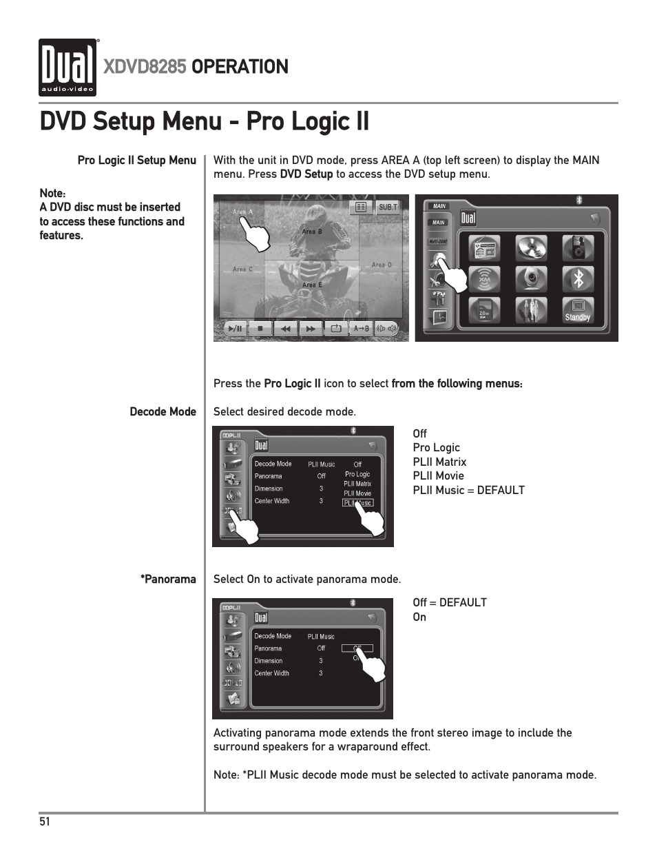 Dvd setup menu - pro logic ii | Dual Electronics XDVD8285 User Manual | Page 52 / 88