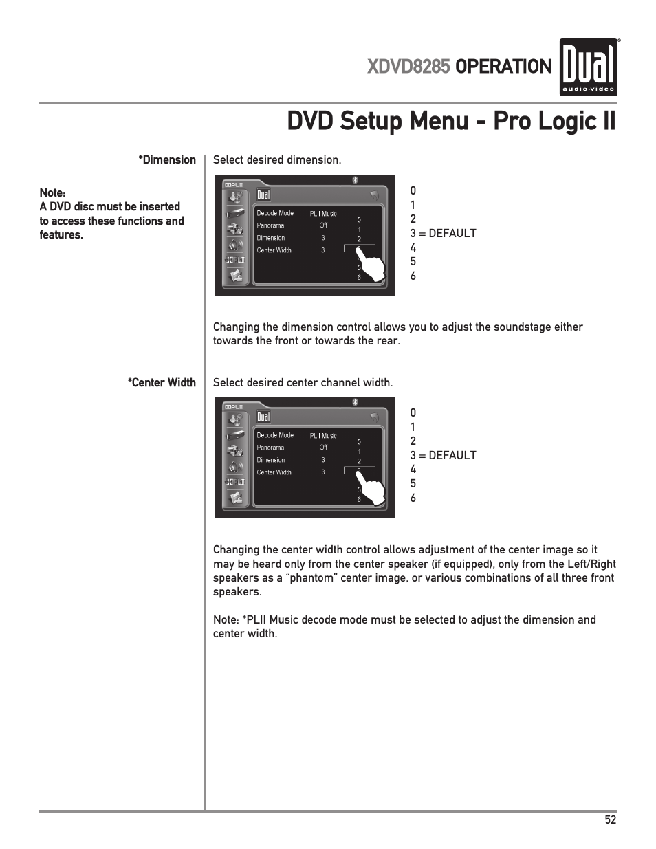 Dvd setup menu - pro logic ii | Dual Electronics XDVD8285 User Manual | Page 53 / 88