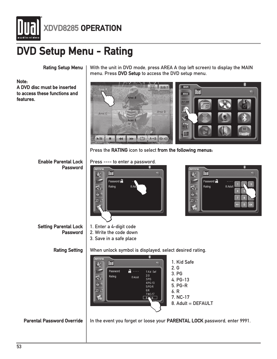 Dvd setup menu - rating, Xdvd8285 operation | Dual Electronics XDVD8285 User Manual | Page 54 / 88