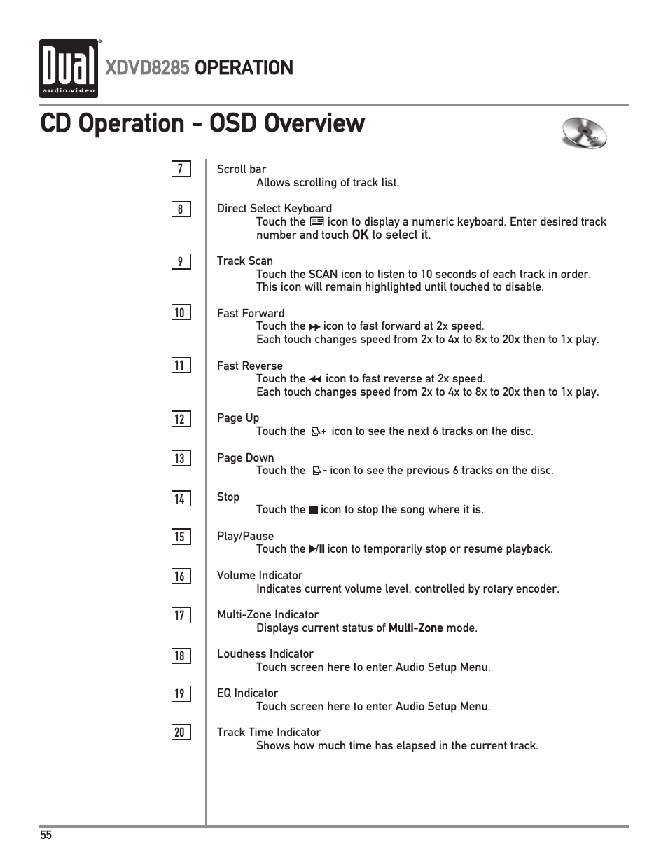 Cd operation - osd overview, Xdvd8285 operation | Dual Electronics XDVD8285 User Manual | Page 56 / 88
