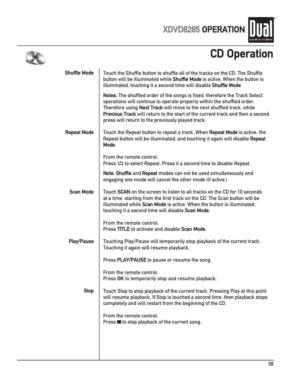 Cd operation, Xdvd8285 operation | Dual Electronics XDVD8285 User Manual | Page 59 / 88