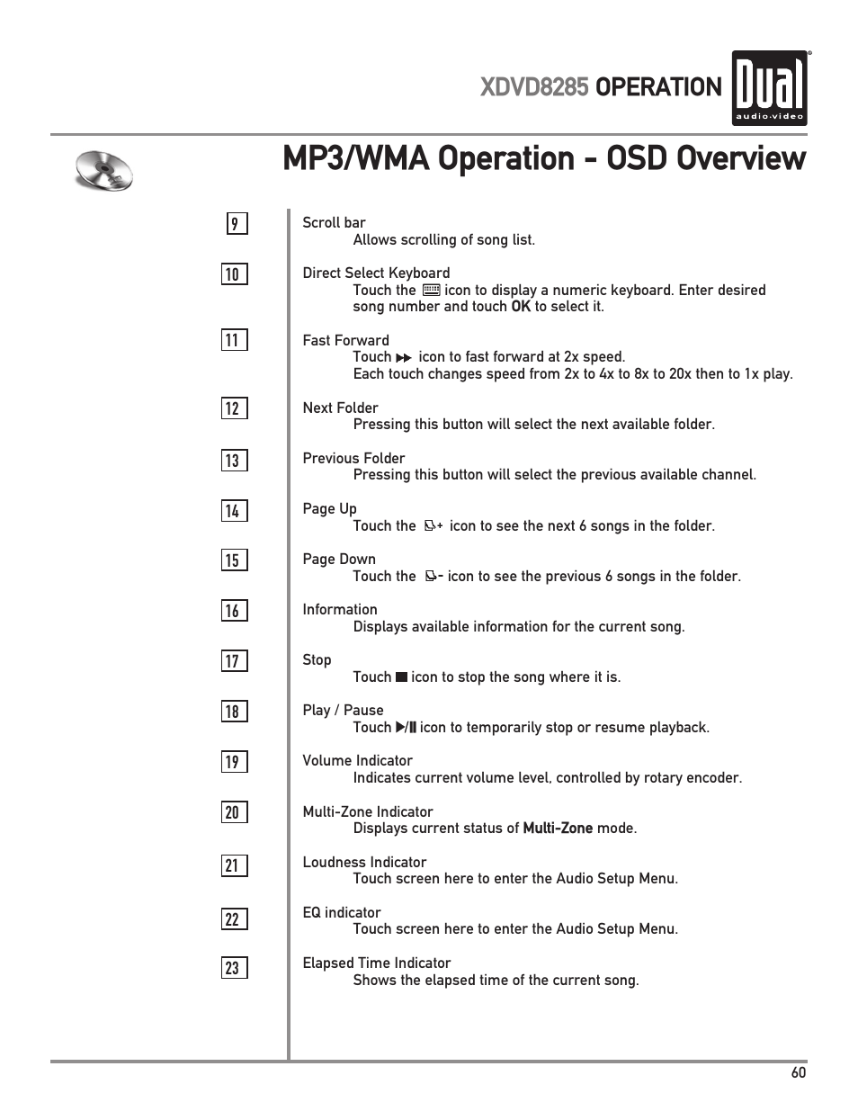 Mp3/wma operation - osd overview, Xdvd8285 operation | Dual Electronics XDVD8285 User Manual | Page 61 / 88