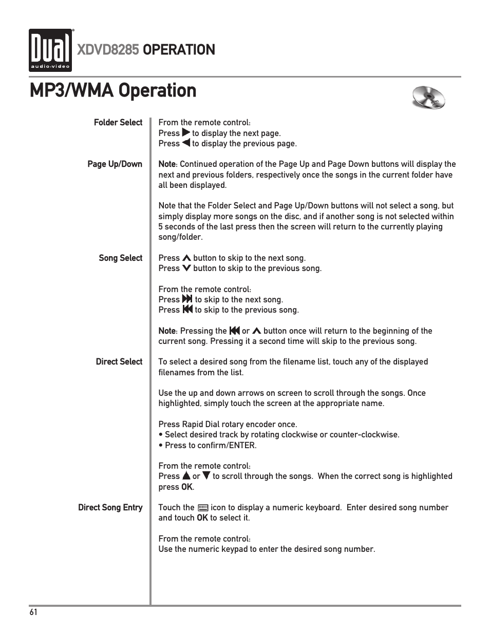 Mp3/wma operation, Xdvd8285 operation | Dual Electronics XDVD8285 User Manual | Page 62 / 88