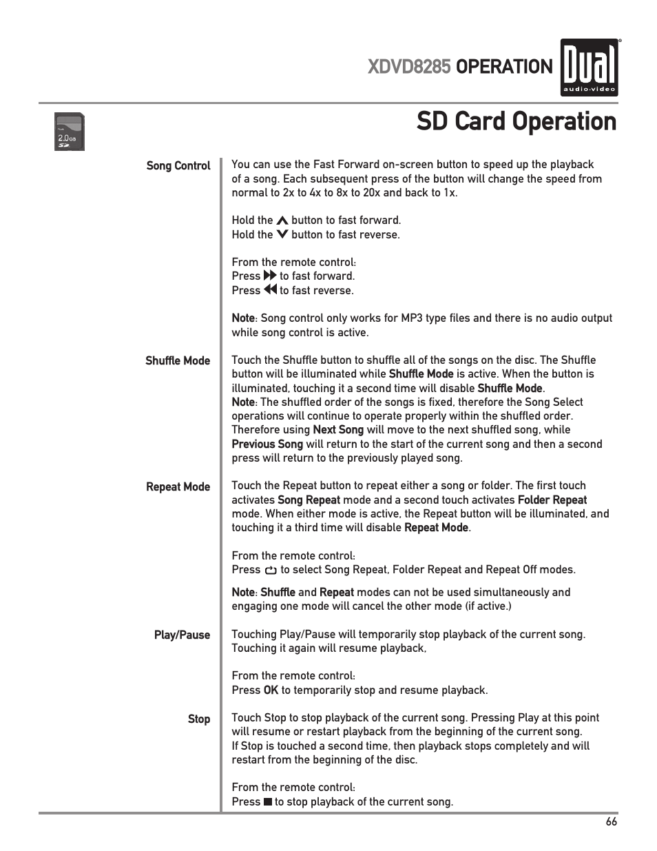 Sd card operation, Xdvd8285 operation | Dual Electronics XDVD8285 User Manual | Page 67 / 88