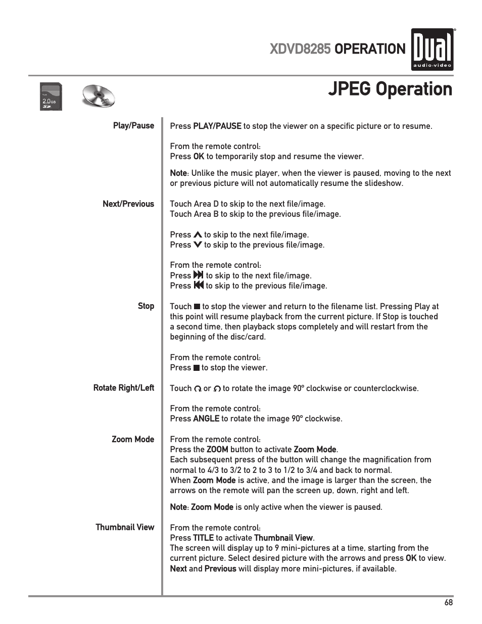 Jpeg operation, Xdvd8285 operation | Dual Electronics XDVD8285 User Manual | Page 69 / 88