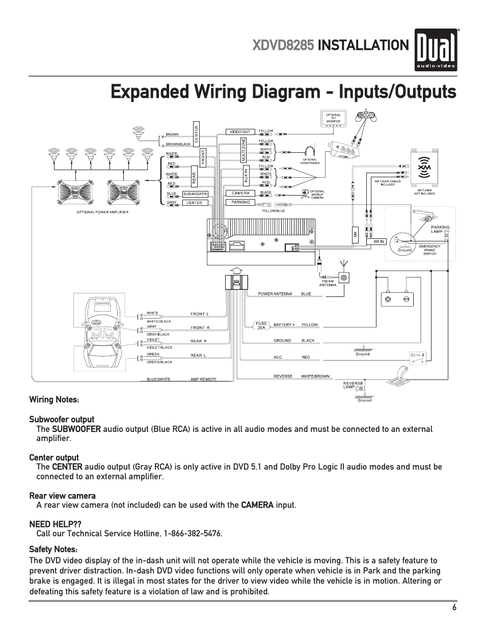 Expanded wiring diagram - inputs/outputs, Xdvd8285 installation | Dual Electronics XDVD8285 User Manual | Page 7 / 88